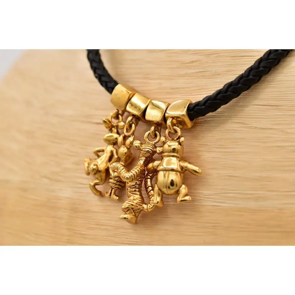 Disney Winnie the Pooh Charm Necklace Black Braided Cord Gold-Tone 1990s BinBE